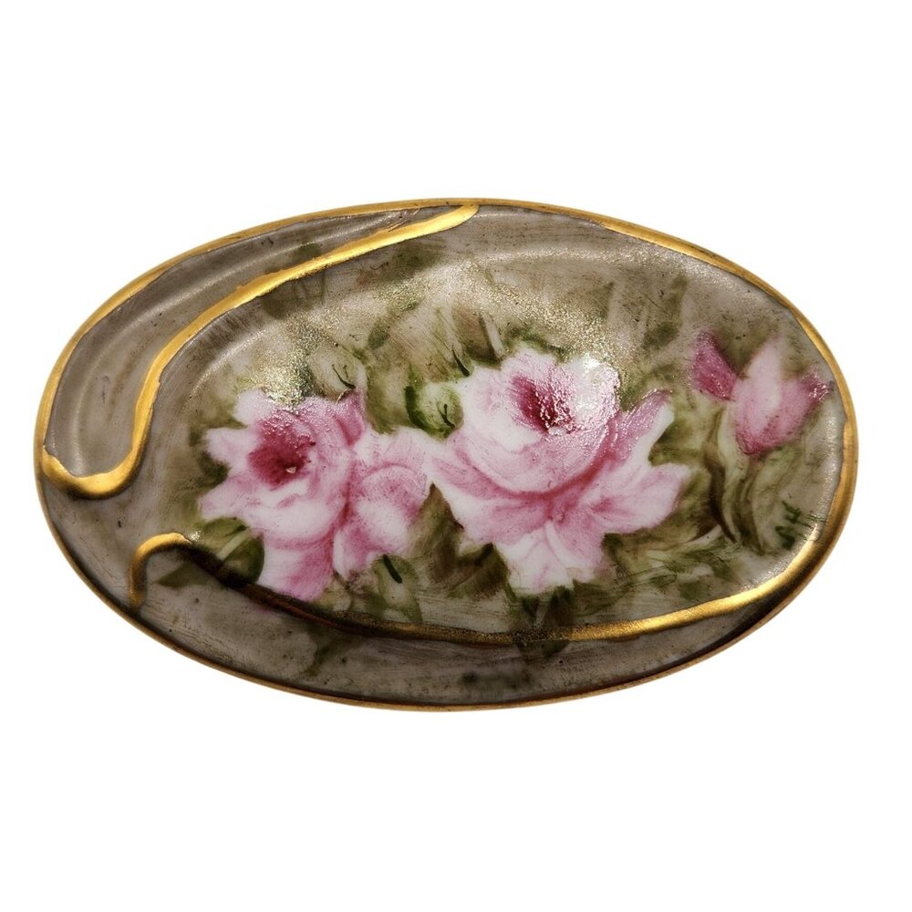 1940s Hand Painted Porcelain Rose Brooch Germany Pink‎ Floral Gold Trim Antique